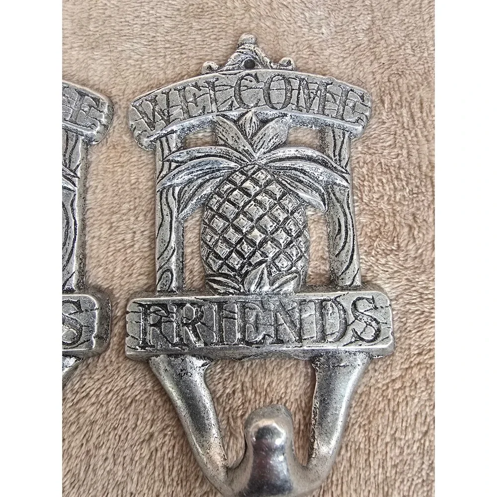 Set of 2 Welcome Friends Pineapple Wall Hooks Silver Cast Metal Tropical Decor